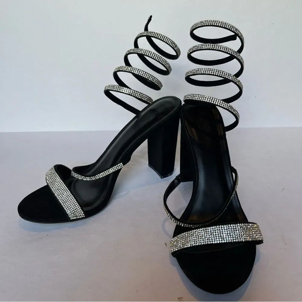 Charlotte Russe Women's High Heels Black with Sparkly Silver Ankle Wraps Size 10